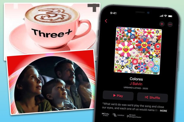 Collage of a coffee cup, a family watching a movie, and a music player screen.