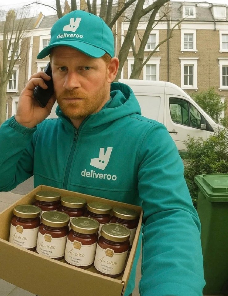 Meme of Prince Harry as a Deliveroo driver delivering jars of Meghan's jam.