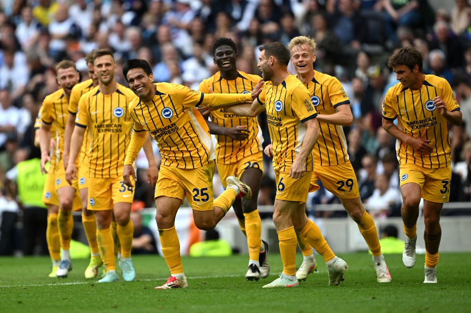 Brighton & Hove Albion players celebrating a goal.