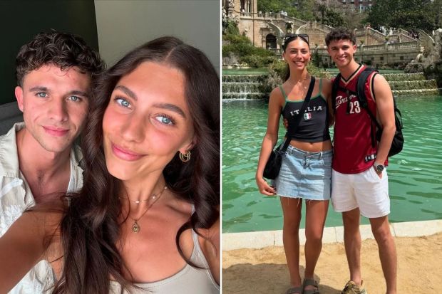 An image collage containing 2 images, Image 1 shows Joe Warren Plant and his girlfriend in a selfie, Image 2 shows Couple posing by a fountain