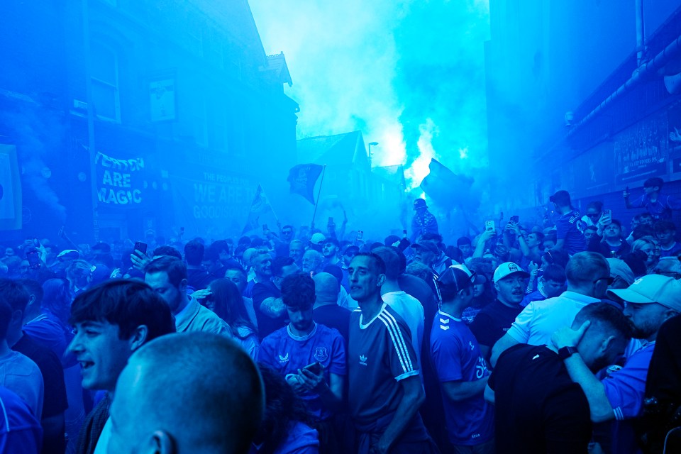 Everton fans outside a stadium.