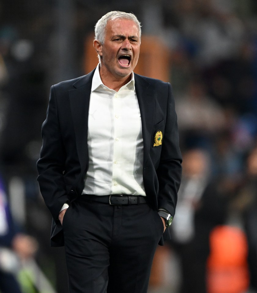 Jose Mourinho, Fenerbahce head coach, reacts during a soccer match.