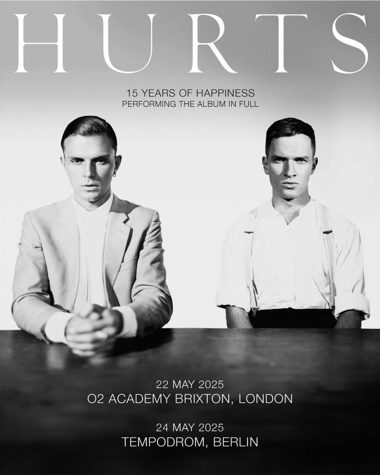 Black and white promotional image for Hurts' 15th anniversary tour.
