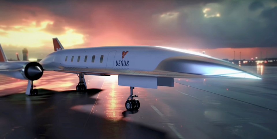 Illustration of a Venus hypersonic jet on a runway.