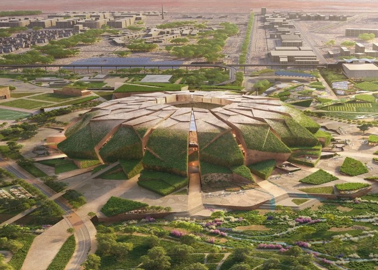 Aerial illustration of a large, vegetated stadium.