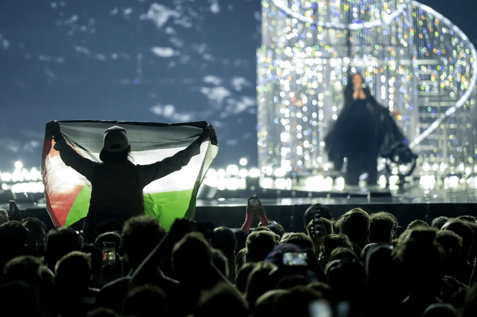 Person holding a Palestinian flag at a concert.