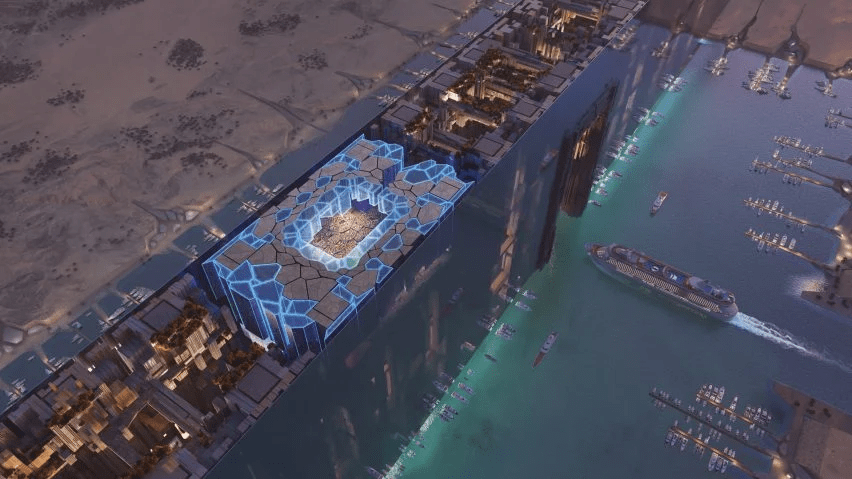 Aerial illustration of a futuristic city with a large stadium-like structure.