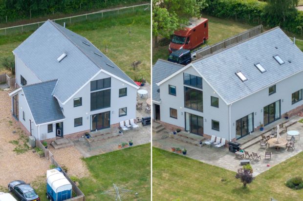 An image collage containing 2 images, Image 1 shows Aerial view of a house that must be demolished, Image 2 shows Aerial view of a house that must be demolished