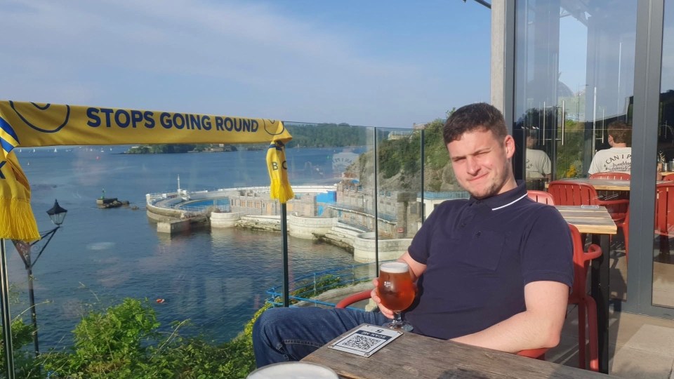 Leeds United fan Ed O’Brien enjoying a beer with a view.
