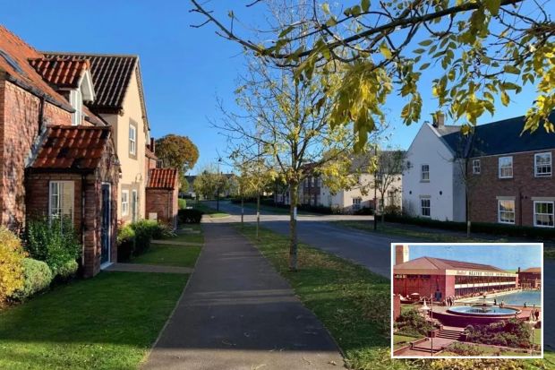 An image collage containing 2 images, Image 1 shows A paved walkway next to a row of houses on a sunny day, Image 2 shows Butlin's Filey outdoor and indoor heated pools