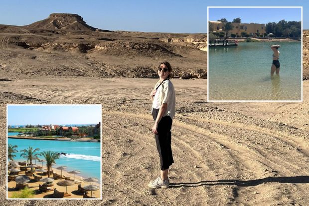 An image collage containing 3 images, Image 1 shows Person standing in a desert landscape, Image 2 shows Three Corners Ocean View Hotel beach with water-sports, Image 3 shows Person in a bathing suit standing in shallow water near a resort