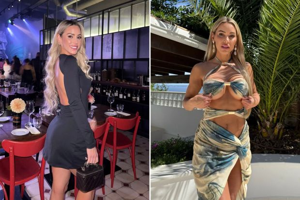 An image collage containing 2 images, Image 1 shows Woman in black backless dress at restaurant, Image 2 shows Woman in a printed two-piece swimsuit