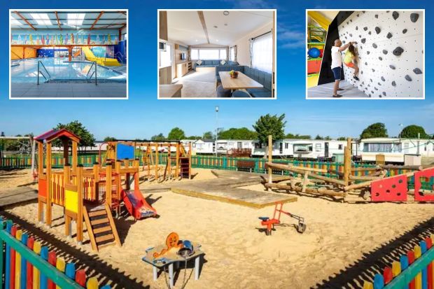 An image collage containing 4 images, Image 1 shows Playground at Dovercourt Essex Park Holiday, Image 2 shows Indoor swimming pool with a yellow slide and surfboard mural, Image 3 shows A man helps a girl climb a climbing wall, Image 4 shows Interior of a holiday park home with light wood furniture and a blue sofa