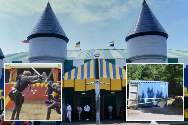 An image collage containing 3 images, Image 1 shows Sword in the stone at Camelot Theme Park, Image 2 shows Two men in medieval costume sword fighting at a jousting tournament, Image 3 shows Blue shipping container with its door open, partially blocked by a yellow gate