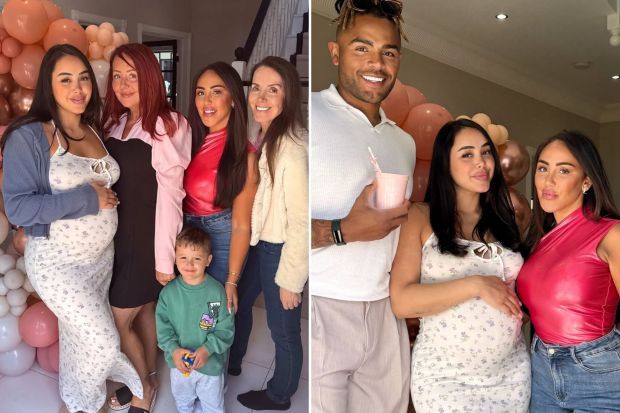 An image collage containing 2 images, Image 1 shows Pregnant woman at baby shower with family and friends, Image 2 shows Man and two women at a baby shower