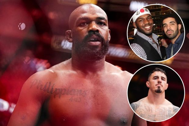 An image collage containing 3 images, Image 1 shows Jon Jones in the UFC ring, Image 2 shows Drake and a man wearing a Japanese headband, Image 3 shows Tom Aspinall at UFC 295