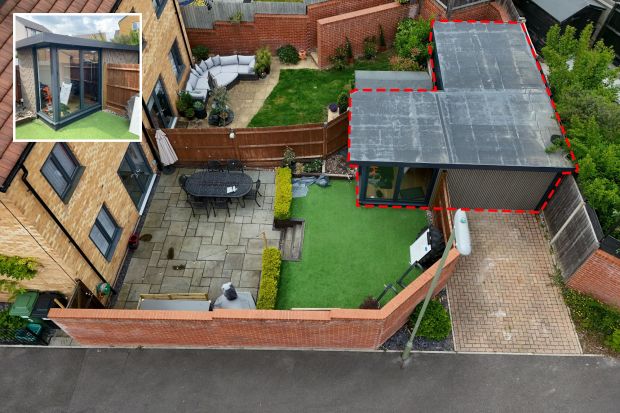 An image collage containing 2 images, Image 1 shows Aerial view of a home gym built in a driveway, prompting neighbor complaints, Image 2 shows Home gym built in driveway