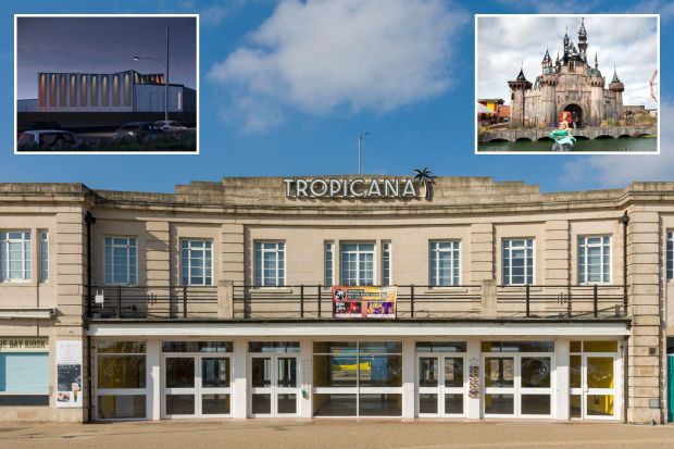 An image collage containing 3 images, Image 1 shows The Tropicana building in Weston-super-Mare, Image 2 shows Illustration of proposed Tropicana Marine Parade renovations in Weston-super-Mare at night, Image 3 shows Dismaland, Banksy's theme park