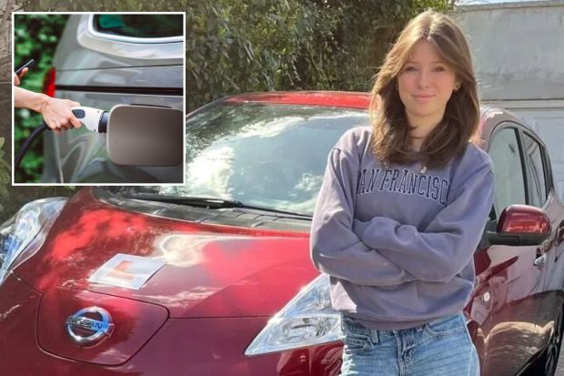An image collage containing 2 images, Image 1 shows Teenage girl standing next to her red Nissan Leaf, learning to drive, Image 2 shows A businesswoman charging an electric car
