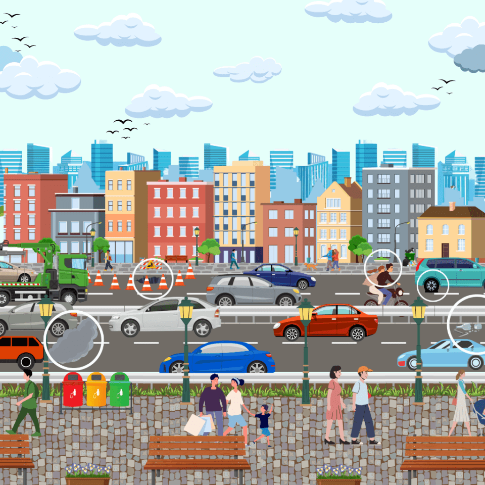 Illustration of a city street scene with five hazards.