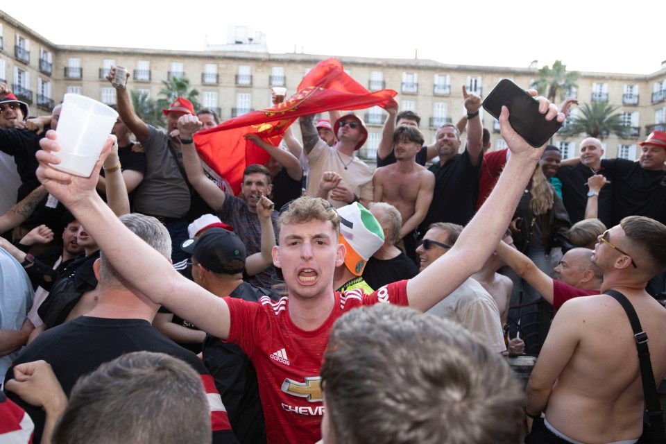 Manchester United fans celebrating in Bilbao.
