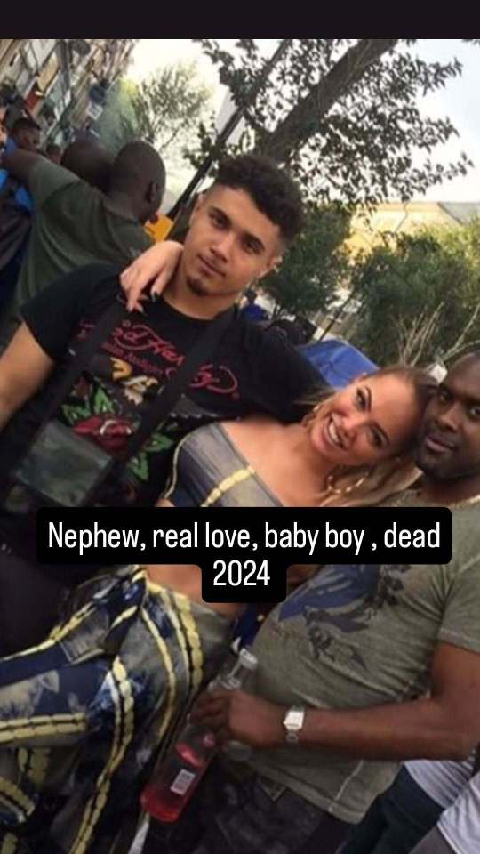 Photo of a young man with two adults, captioned "Nephew, real love, baby boy, dead 2024".