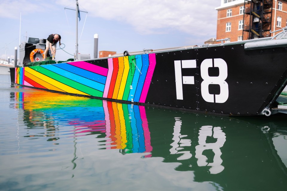 Royal Navy Landing Craft Foxtrot 8, decorated in rainbow colours to mark the anniversary of the lifting of the ban on gay people serving in the UK armed forces.