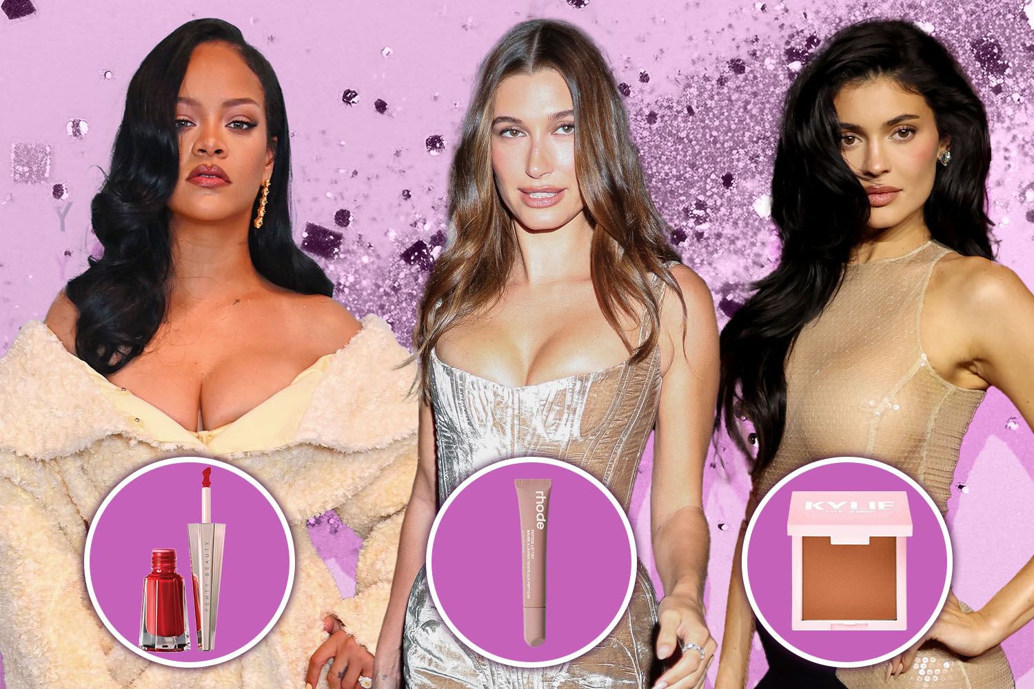 Collage of Rihanna, Hailey Bieber, and Kylie Jenner with their respective makeup brands.