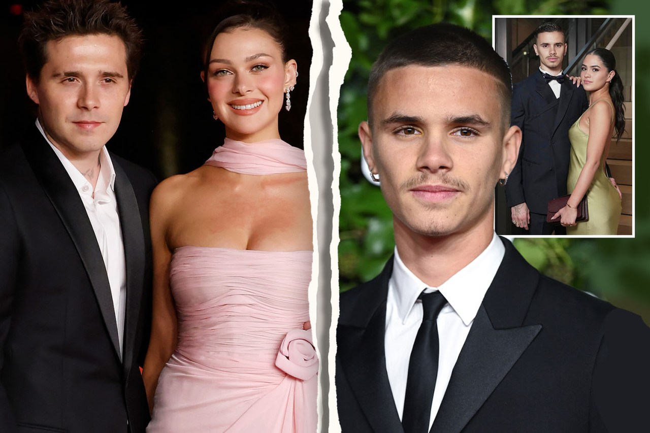 Collage of Brooklyn Beckham and Nicola Peltz, and Romeo Beckham and his girlfriend.