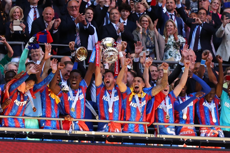 Crystal Palace players celebrating with a trophy.