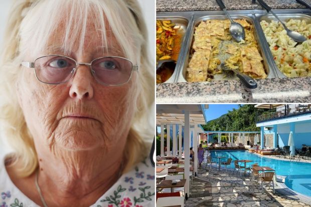 An image collage containing 3 images, Image 1 shows Woman showing her phone screen with a Corfu hotel booking, Image 2 shows Buffet-style food serving containers with baked casserole, roasted vegetables, and cauliflower, Image 3 shows Lido Corfu Sun Hotel pool and patio area