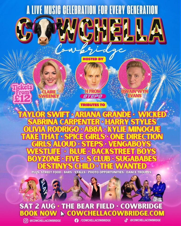 Cowchella Cowbridge music festival poster; hosted by Steps; featuring tributes to various pop stars.